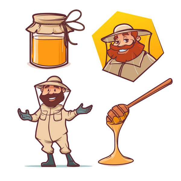 زنبوردار نمادهای وکتور عسل لانه زنبوری تولید غذای سالم طبیعی عسل لباس ویژه زنبور عسل کندو و موم کارتون کارتون تصویر