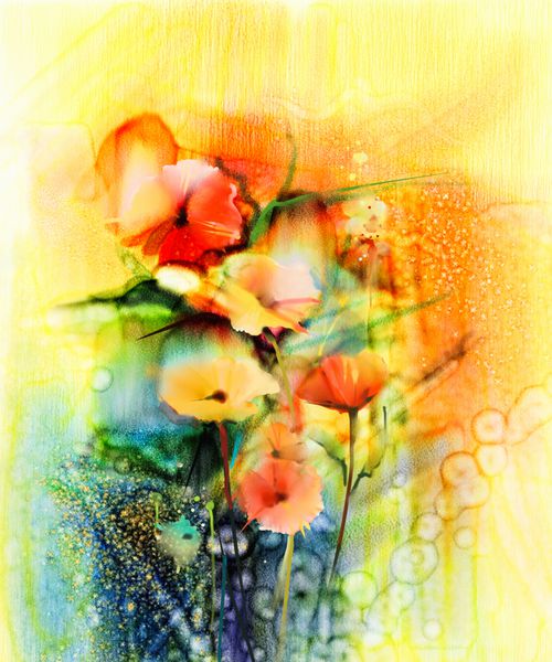 گل های انتزاعی نقاشی آبرنگ رنگ دستی طبیعت بی جان از رنگ های زرد صورتی و قرمز گل مروارید-ژربرا با رنگ ملایم در زمینه رنگ زرد سفید سبز پس زمینه طبیعت گل بهاری