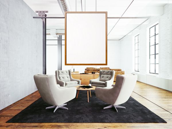 po of داخلی اتاق جلسه در ساختمان مدرن شیروانی بوم سفید خالی که روی قاب چوبی آویزان شده است کف چوبی میز مبلمان دیوار بتنی پنجره های بزرگ ماکت افقی خالی رندر سه بعدی