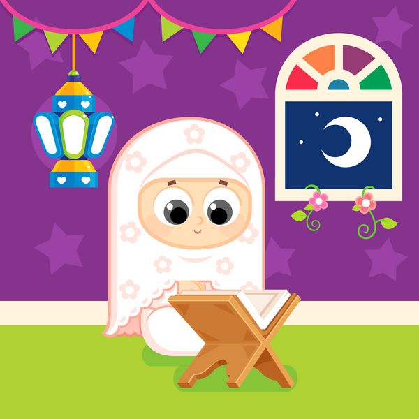 دختر مسلمان در حال خواندن قرآن قرآن کتاب مقدس اسلام است که اتاق خود را با فانوس ماه مبارک رمضان تزئین می کند
