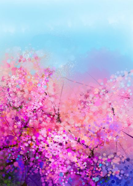 نقاشی آبرنگ شکوفه های گیلاس - گیلاس ژاپنی - ساکورا گل با آسمان آبی گل صورتی در رنگ ملایم با پس زمینه طبیعت تار پس زمینه طبیعت فصلی گل بهاری با بوکه