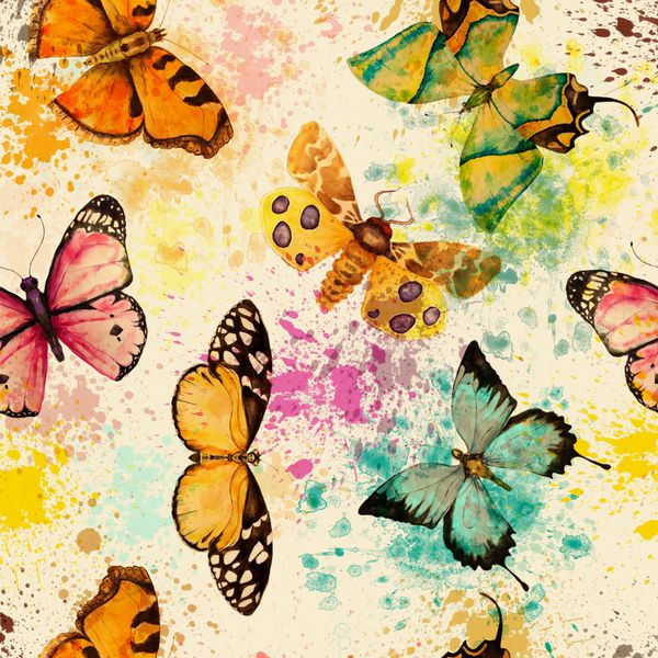 الگوی بدون درز با آبرنگ پروانه رنگارنگ روشن