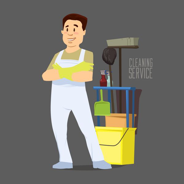 کارکنان نظافت شخصیت کارتونی با تجهیزات نظافتی به سبک کارتونی کارگر خندان مهربان خدمات نظافت وکتور