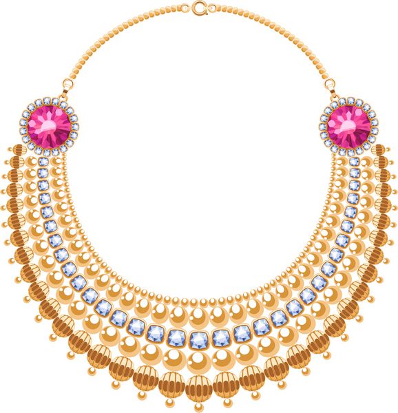 تعداد زیادی زنجیر گردن فلزی طلایی با الماس و سنگ های قیمتی یاقوت طراحی لوازم جانبی مد شخصی