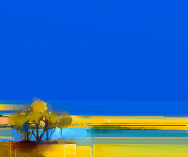منظره نقاشی رنگارنگ انتزاعی رنگ روغن روی بوم تصویر نیمه انتزاعی از درخت و میدان زرد با نور خورشید و آسمان آبی پس زمینه طبیعت فصل بهار