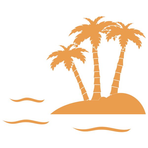 نماد تلطیف شده جزیره با سه درخت نخل احاطه شده توسط دریا با امواج در پس زمینه سفید