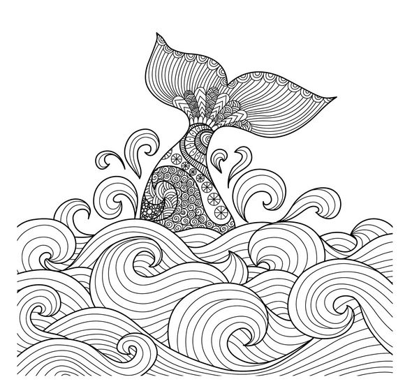 هنر دم نهنگ در خطوط اقیانوس موج دار برای کتاب رنگ آمیزی بزرگسالان علامت لوگو تی شرت کارت و عنصر طراحی