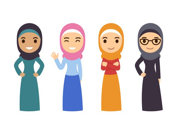 ست زنان مسلمان دختران عرب کارتونی زیبا با لباس سنتی مجموعه زن تاجر