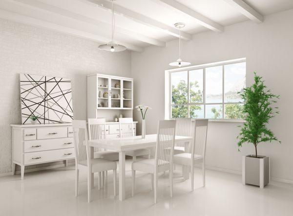 فضای داخلی اتاق غذاخوری کلاسیک سفید رندر سه بعدی