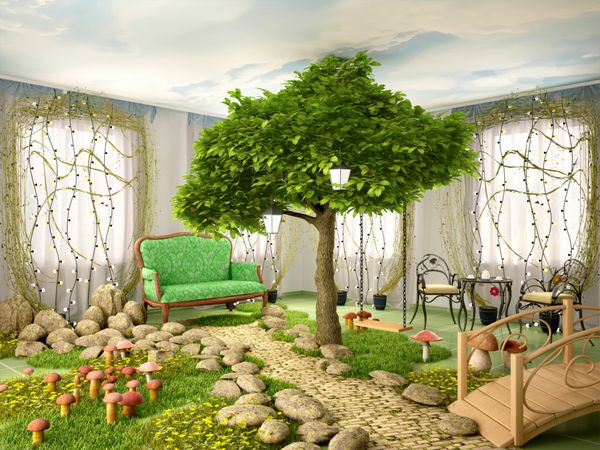تصویر سه بعدی از مفهوم خانه اکو اتاقی پر از گیاهان درخت علف سنگ قارچ و گل فضای داخلی افسانه ای