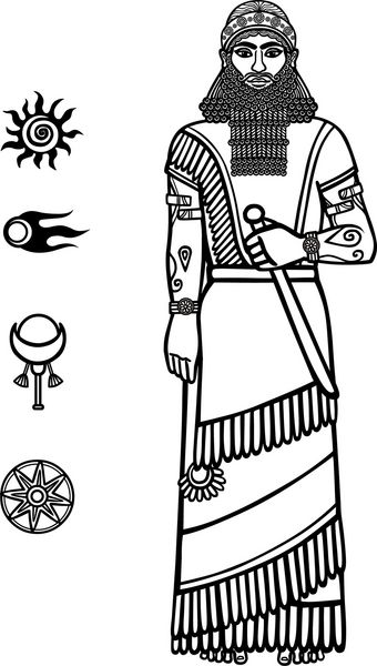 تصویر مرد آشوری پادشاه سومری رشد کامل مجموعه ای از نمادهای خورشیدی sp نقاشی خطی جدا شده روی پس زمینه سفید