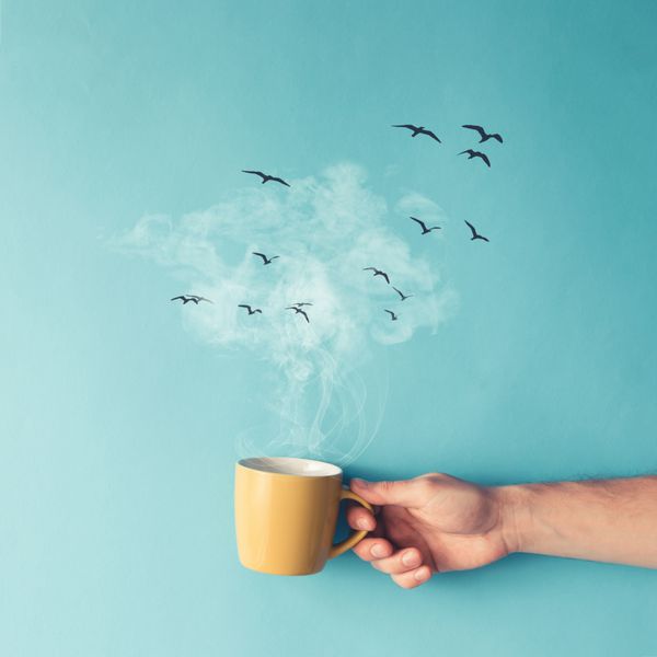 فنجان قهوه با بخار ابرها و پرندگان مفهوم قهوه تخت دراز کشیدن