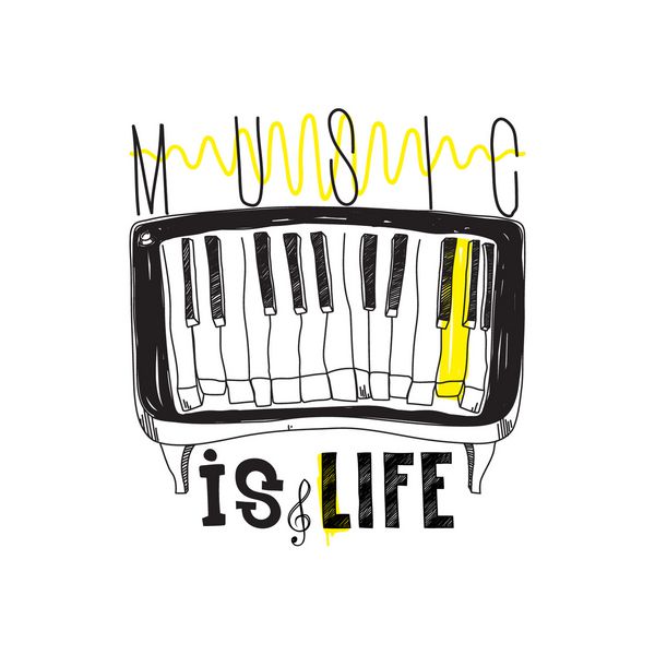 موسیقی زندگی است پوستر نقل قول انگیزشی ساده با پیانو حروف طراحی دستی به رنگ سیاه سفید زرد اثر هنری مفهومی خلاقانه بخشدار برای خانه یا محل کار شما