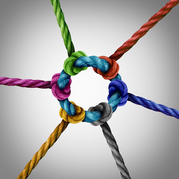 مفهوم کسب و کار اتصال شبکه مرکزی به عنوان گروهی از طناب های متنوع متصل به یک طناب مرکزی دایره ای به عنوان یک استعاره شبکه برای اتصال و اتصال به یک ساختار پشتیبانی متمرکز