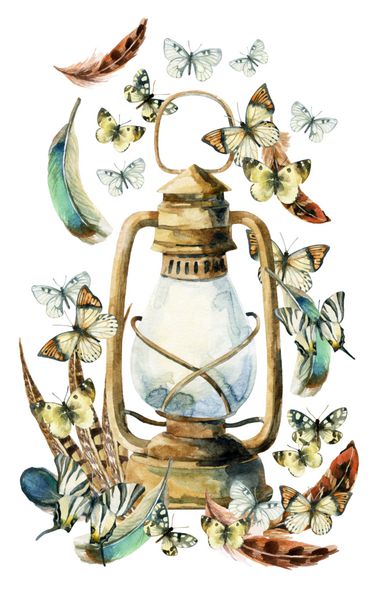 لامپ قدیمی آبرنگ با پرهای پرنده و پروانه در زمینه سفید پرهای رنگارنگ چراغ زنگ زده و پروانه تصویرسازی هنری آبرنگ با عناصر روستایی و بوهو