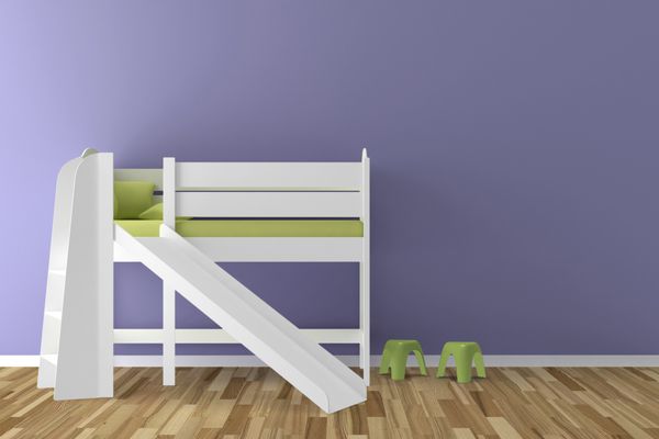 فضای داخلی اتاق کودک تخت با یک سرسره و دو صندلی کوچک در کنار - تصویر سه بعدی