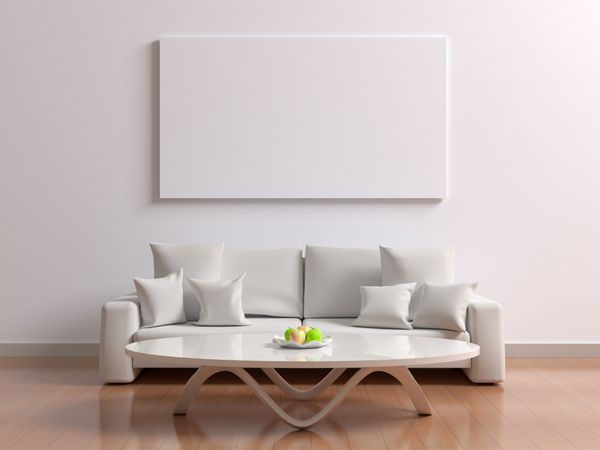 فضای داخلی سفید با یک پوستر مبل با بالش و یک میز با میوه اتاق با تصویر سفید خالی برای ماکت طراحی تصویر سه بعدی