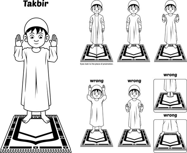 راهنمای وضعیت نماز مسلمان گام به گام اجرا توسط پسر ایستاده و بالا بردن دست ها با حالت اشتباه نسخه طرح تصویر وکتور