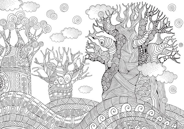 درخت بائوباب درخت آفریقایی صفحه کتاب رنگ آمیزی بزرگسالان و کودکان سبک zentangle سیاه و سفید تصویر تک رنگ سایز a4 بردار