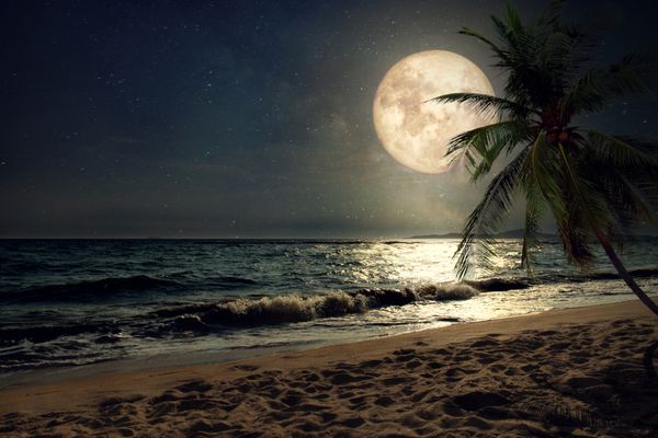 ساحل استوایی فانتزی زیبا با ستاره راه شیری در آسمان شب ماه کامل - آثار هنری سبک یکپارچهسازی با رنگ های قدیمی عناصر این تصویر ماه مبله شده توسط ناسا