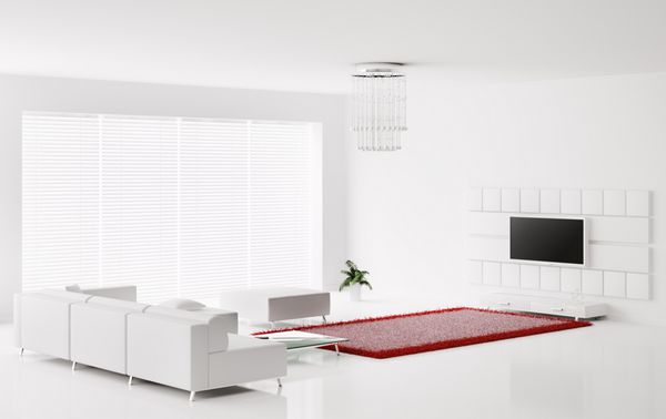 فضای داخلی اتاق نشیمن سفید با فرش قرمز رندر سه بعدی