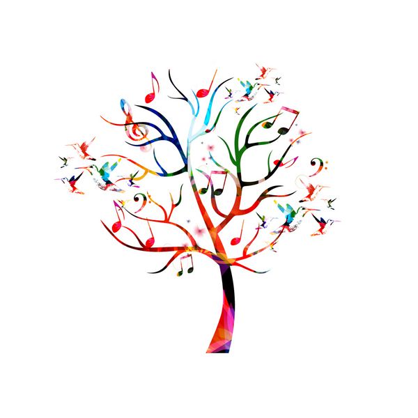 درخت موسیقی رنگارنگ با نت های موسیقی و مرغ مگس خوار