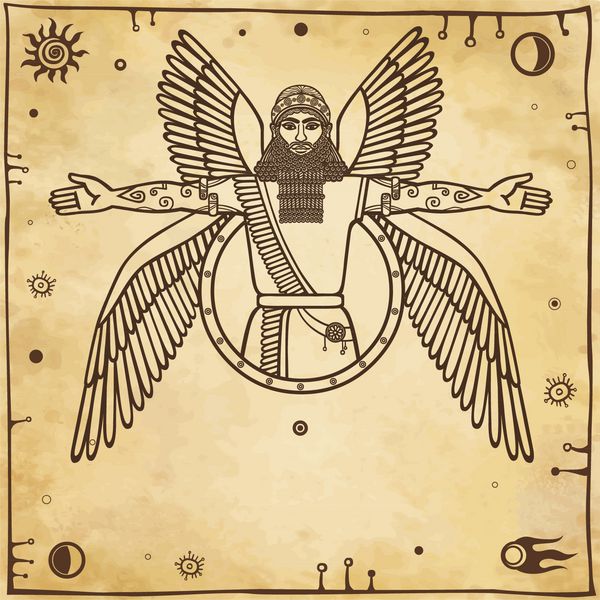 خدای بالدار آشوری باستان شخصیت اساطیر سومری پس زمینه - تقلید از کاغذ قدیمی وکتور