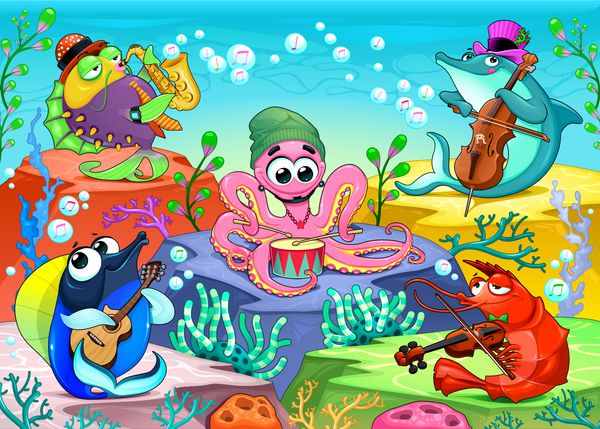ارکستر در دریا صحنه موسیقی خنده دار با گروهی از حیوانات دریایی تصویر کارتونی وکتور