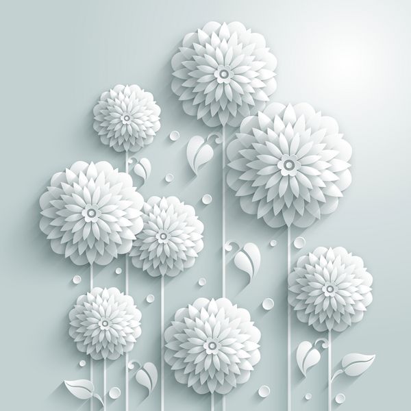 پس زمینه وکتور با گل های گرد و قطره های تزئینی سفید به سبک سه بعدی سفید