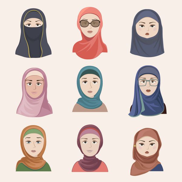 مجموعه وکتور آواتار زنان مسلمان پرتره کارتونی زنان عرب انواع لباس اسلامی