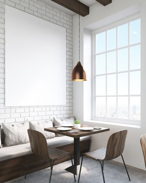 فضای داخلی رستوران میز مربع صندلی و مبل با بالش پنجره بزرگ مفهوم خوردن در جمع pl رندر سه بعدی مدل آزمایشگاهی ماکت