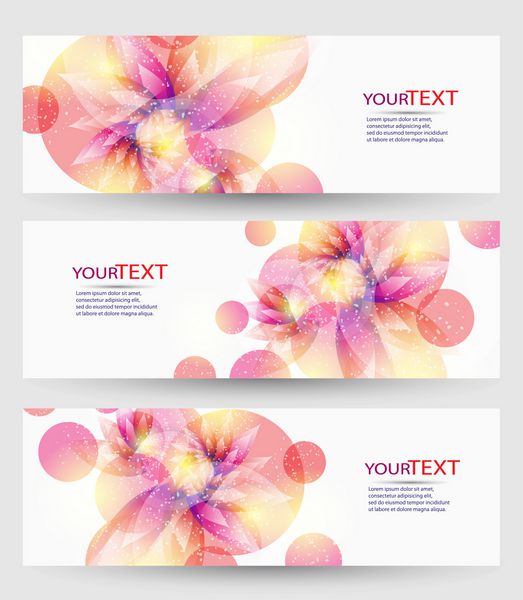 مجموعه ای از سه بنر سربرگ های انتزاعی با عناصر رنگارنگ گل و pl برای متن شما وکتور