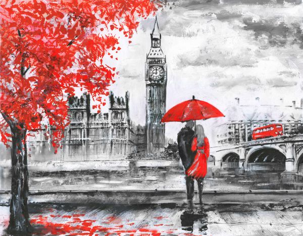 نقاشی رنگ روغن روی بوم نمای خیابان لندن رودخانه و اتوبوس روی پل اثر هنری بیگ بن زن و مرد زیر یک چتر قرمز