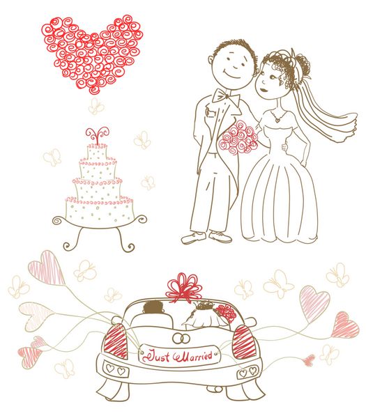 کیک عروسی با پروانه عروس و داماد شاد قلب ساخته شده از گل رز تازه ازدواج کرده روی ماشین بادکنک تصویر شطرنجی کارتونی