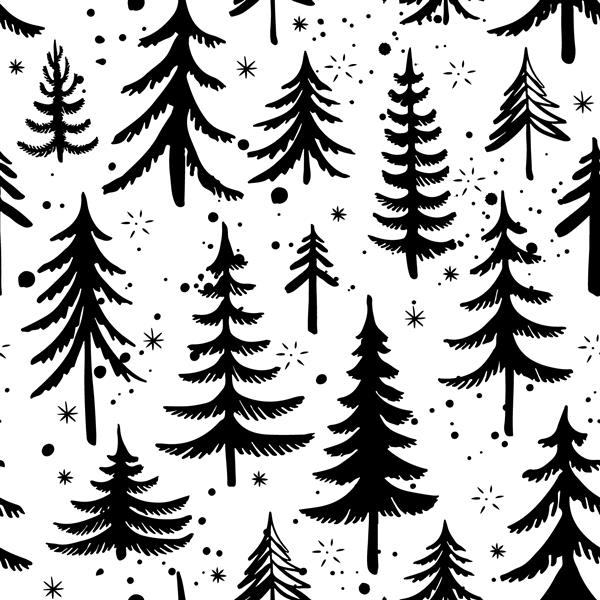 الگوی بدون درز درخت کریسمس کشیده شده با دست پس زمینه جنگل زمستانی وکتور
