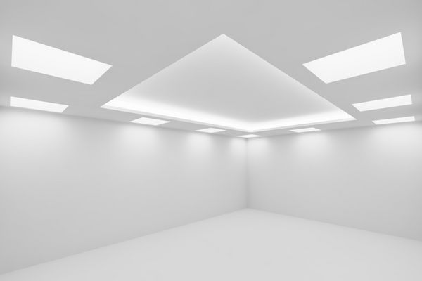معماری انتزاعی فضای داخلی اتاق سفید - اتاق سفید خالی با دیوار سفید کف سفید سقف سفید با لامپ های سقف مربعی و چراغ های سقف مخفی نمای گسترده از گوشه تصویر سه بعدی