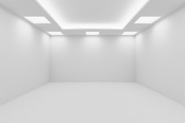 معماری انتزاعی داخلی اتاق سفید - اتاق سفید خالی با دیوار سفید کف سفید سقف سفید با لامپ های سقف مربعی و چراغ های سقف مخفی و اسپ خالی تصویر سه بعدی