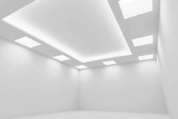 معماری انتزاعی فضای داخلی اتاق سفید - اتاق سفید خالی با دیوار سفید کف سفید سقف سفید با لامپ های سقف مربعی و چراغ های سقف مخفی نمای مورب گسترده تصویر سه بعدی