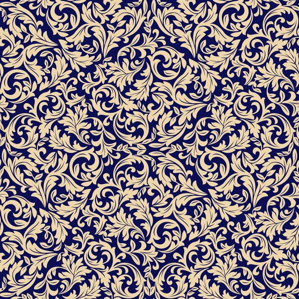 الگوی گل کاغذ دیواری oque damask پس زمینه وکتور بدون درز زیورآلات طلایی و آبی مشکی الگوی مدرن گرافیکی