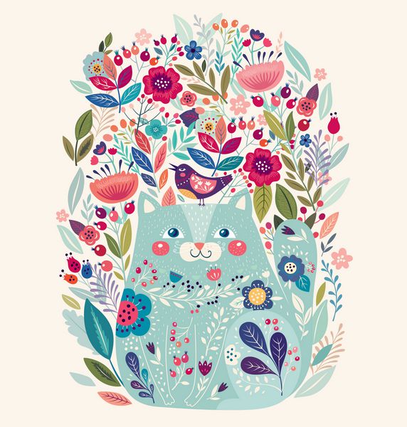 وکتور هنری تصویر رنگارنگ با گربه پرنده و گل زیبا آثار هنری برای دکوراسیون داخلی شما و برای استفاده در طراحی منحصر به فرد شما