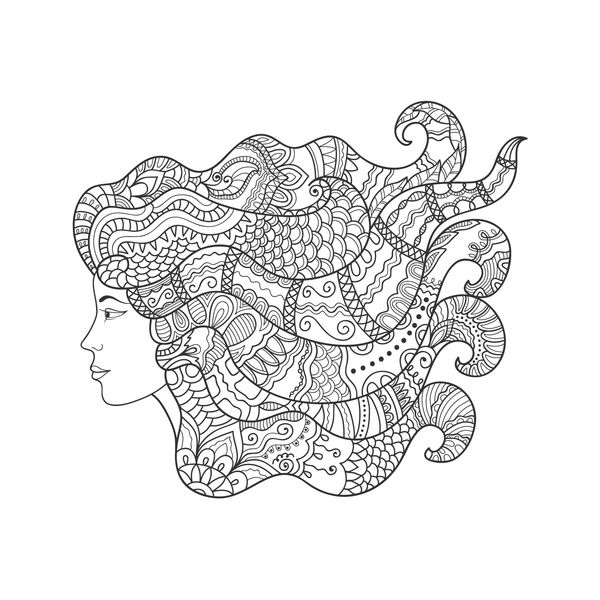 طرح دختر زیبا با موهای بلند الگوی زینتی هنر zen-doodle برای رنگ آمیزی صفحه کتاب طرح عنصر ایزوله در پس زمینه سفید وکتور دست کشیده