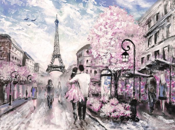 نقاشی رنگ روغن نمای خیابان پاریس چشم انداز شهر اروپا