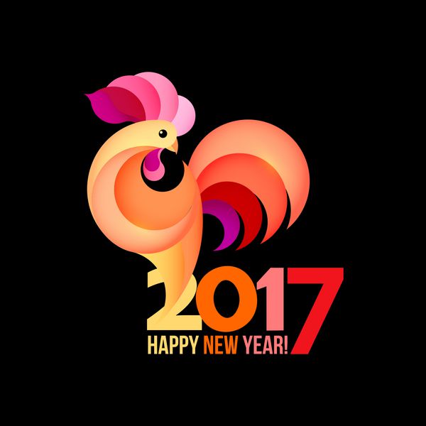 پوستر رنگارنگ خروس جدا شده در پس زمینه سیاه مناسب برای چاپ جلد پوستر کارت طراحی هدیه کارت تبریک سال نو چینی 2017