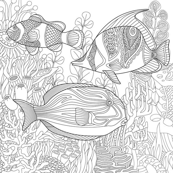 ترکیب سبک ماهی های استوایی جلبک دریایی زیر آب و مرجان ها طرحی با دست آزاد برای صفحه کتاب رنگ آمیزی ضد استرس بزرگسالان با عناصر doodle و zentangle