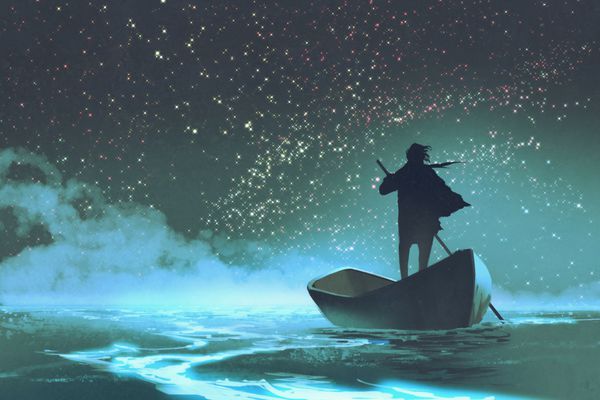 مردی در حال پارو زدن با قایق در دریا زیر آسمان زیبا با ستاره نقاشی تصویر
