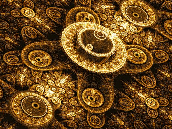 زینت جادویی انتزاعی - تصویر تولید شده توسط کامپیوتر هنر فراکتال هرج و مرج دایره هایی با اندازه های مختلف تزئین شده اند پس زمینه طلایی مانند سکه یا جواهرات