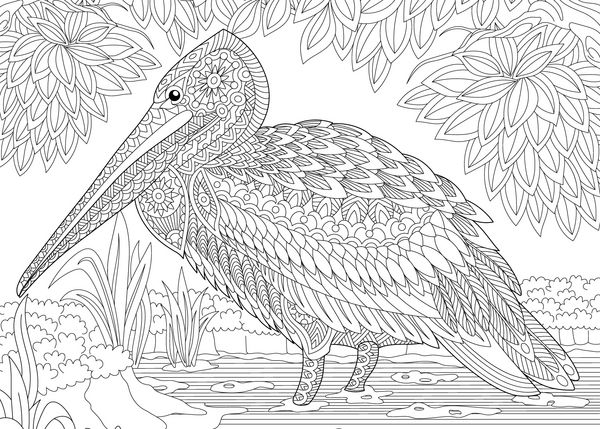پرنده پلیکان سبک در میان شاخ و برگ طرحی با دست آزاد برای صفحه کتاب رنگ آمیزی ضد استرس بزرگسالان با عناصر doodle و zentangle