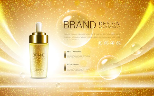 الگوی تبلیغات آرایشی ماکت بطری قطره ای جدا شده در پس زمینه خیره کننده فویل طلایی و عناصر حباب تصویر سه بعدی