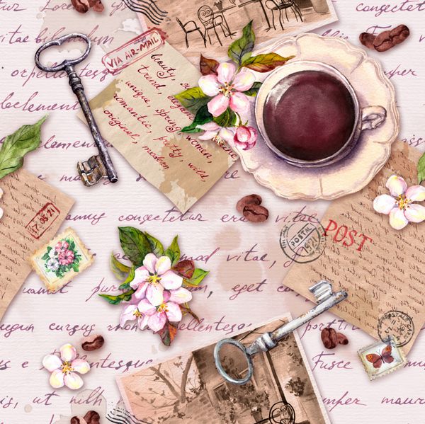 کاغذ قدیمی قدیمی با فنجان قهوه گل های گیلاس نامه های دست نوشته پوز تمبر کلید برای کتاب ضایعات طراحی رترو الگوی بدون درز