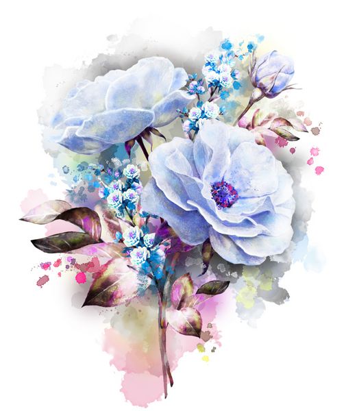 گل های آبرنگ تصاویر گل گل در رنگ های پاستلی رز صورتی شاخه گل ایزوله شده در پس زمینه سفید برگ و جوانه ها ترکیب زیبا برای عروسی یا کارت تبریک پاشیدن رنگ